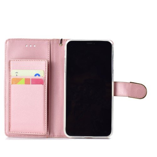 Glitter Powder Rhinestone Decoration Wallet Leather Phone with Mirror and 5 Card Holders for iPhone XS Max - Rose Gold