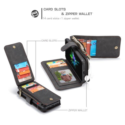 CASEME Detachable 2-in-1 Zipper Wallet Split Leather Cell Phone Case for iPhone XR 6.1 inch - Black