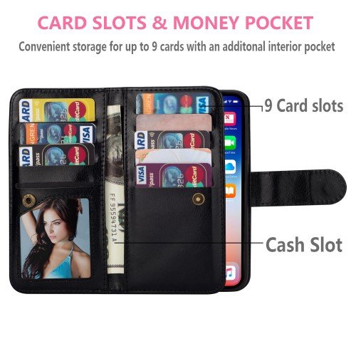 Magnetic Detachable PU Leather Stand Case with 9 Card Slots for iPhone Xs Max 6.5-inch - Black