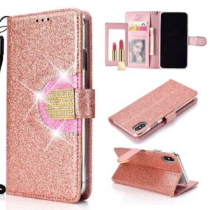 Glitter Powder Rhinestone Decoration Wallet Leather Phone with Mirror and 5 Card Holders for iPhone XS Max - Rose Gold